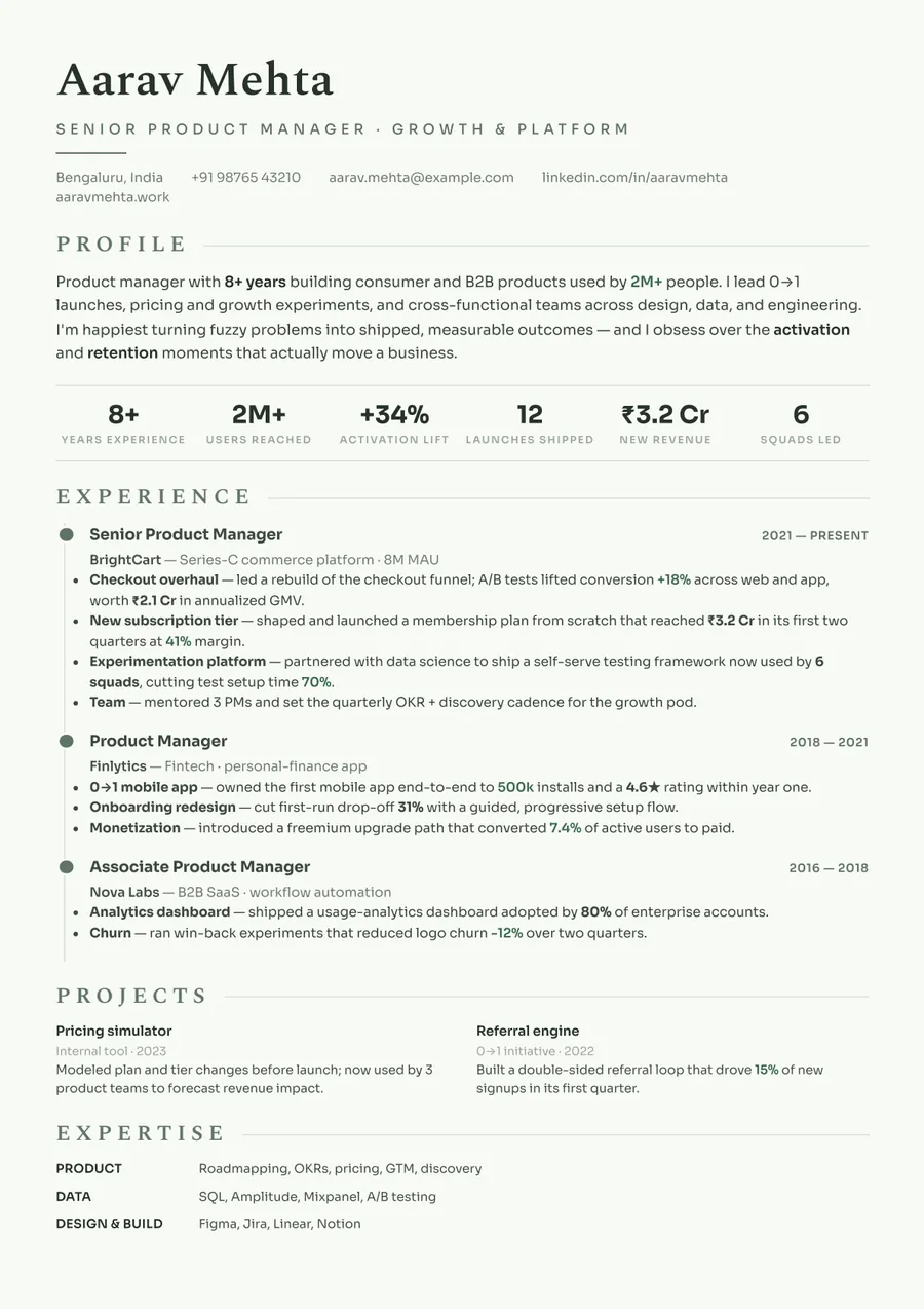 Sage botanical Timeline resume template — Calm & modern
