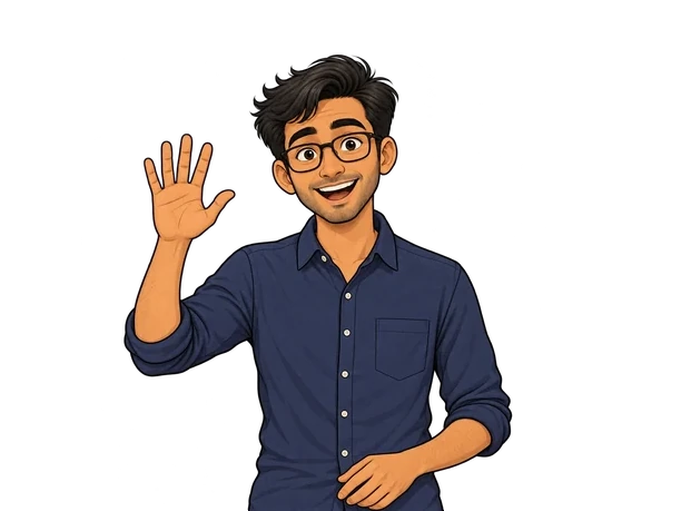 Aarav's illustrated AI twin, waving